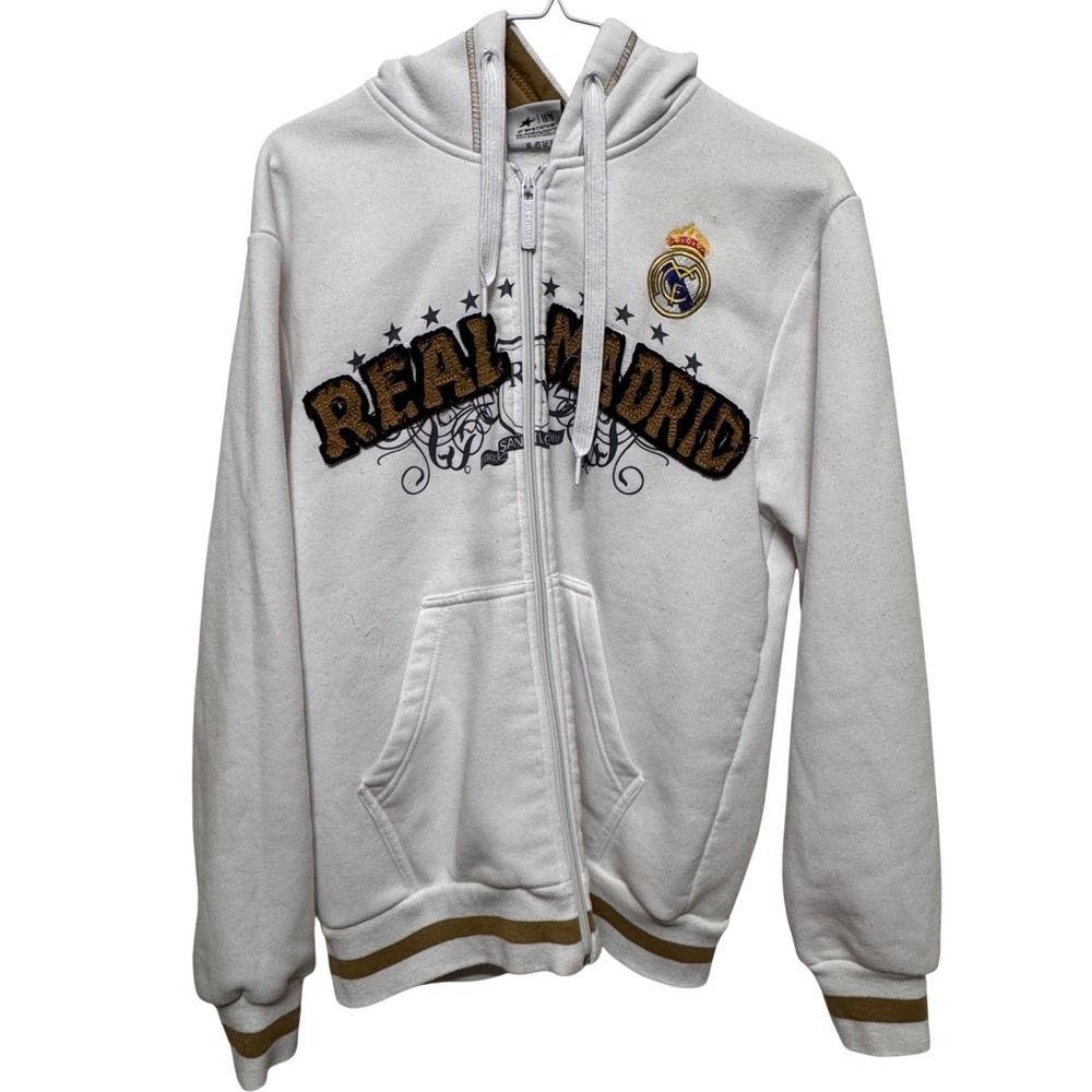 Real Madrid Official Zip Up Hoodie White Gold Embroidered Mens Med